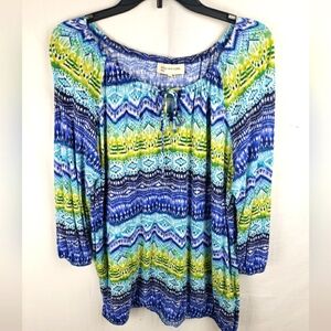Jones New York Women's Blue & Green 3/4th Sleeve Drawstring Closure Shirt Sz 1X